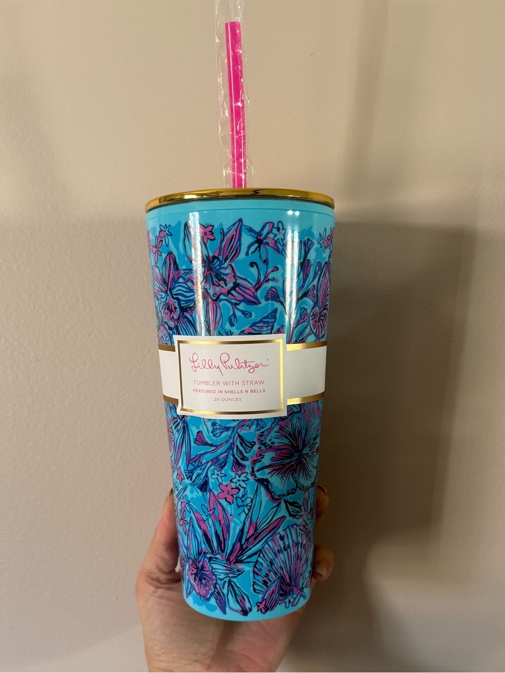Lilly Pulitzer Turquoise Floral Tumbler with Pink Straw